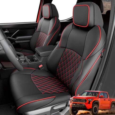 مجموعة أغطية مقاعد كاملة لسيارة Toyota Tacoma 2024-2026 الجيل الرابع (غاز كابينة مزدوجة فقط)، ملحقات شاحنة بيك آب من جلد نابا الصناعي المقاوم للماء، واقي الصف الخلفي الأمامي لسلسلة SR SR5 TRD المحدودة، أسود in Kuwait