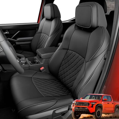 مجموعة أغطية مقاعد كاملة لسيارة Toyota Tacoma 2024-2026 الجيل الرابع (غاز كابينة مزدوجة فقط)، ملحقات شاحنة بيك آب من جلد نابا الصناعي المقاوم للماء، واقي الصف الخلفي الأمامي لسلسلة SR SR5 TRD المحدودة، أسود in Kuwait