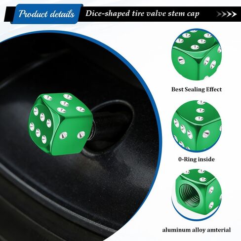 4PCS Dice Style Tire Valve Stem Caps, Car Tire Caps, Aluminum Alloy Wheel Valve Covers with Rubber O-Ring, Dustproof Airtight Seal Wheel Stem Covers for SUV Truck Bike Motorcycle (Green) in Kuwait