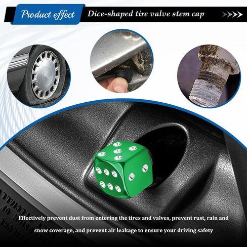 4PCS Dice Style Tire Valve Stem Caps, Car Tire Caps, Aluminum Alloy Wheel Valve Covers with Rubber O-Ring, Dustproof Airtight Seal Wheel Stem Covers for SUV Truck Bike Motorcycle (Green) in Kuwait