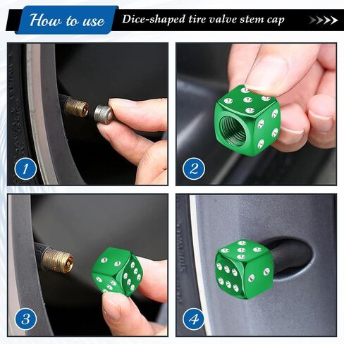 4PCS Dice Style Tire Valve Stem Caps, Car Tire Caps, Aluminum Alloy Wheel Valve Covers with Rubber O-Ring, Dustproof Airtight Seal Wheel Stem Covers for SUV Truck Bike Motorcycle (Green) in Kuwait