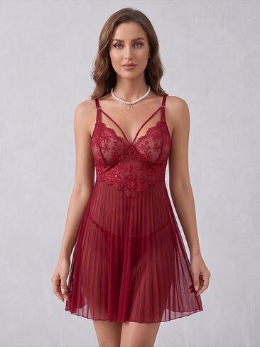 Valentine's Day Gift Women Sexy Lingerie Sets Short Sleep Babydoll with Underwear with Lace Mesh Design and Dual Straps in Saudi Arabia