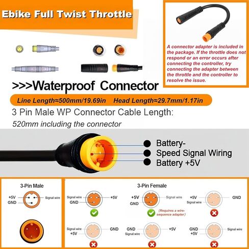 Ebike Full Twist Throttle for Macfox، 3 Pin Surron Style Full Throttle Grip، 12v-72v Ebike Throttle مع محول أنثى لـ Lectric HappyRun Freego Heybike الدراجة الترابية الكهربائية in Kuwait