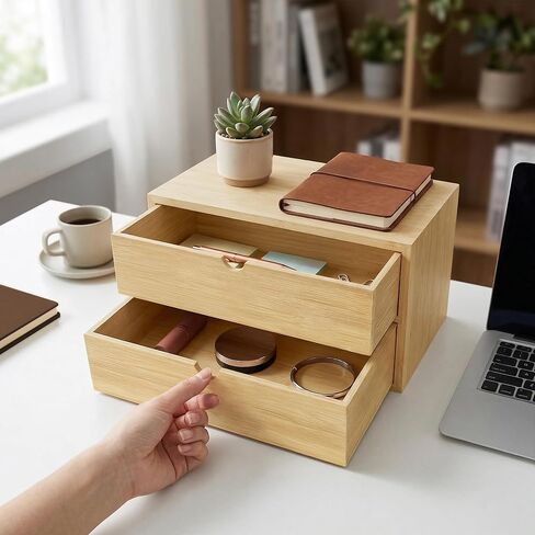Bamboo Desk Organizer with 2 Drawers, Desktop Drawers Wooden Storage Box 13.4 x 7.1 x 7.5 Inches Countertop Organizer for Office Supplies, Solid Wood Tabletop Drawer No Assembly Required in Kuwait