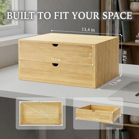Bamboo Desk Organizer with 2 Drawers, Desktop Drawers Wooden Storage Box 13.4 x 7.1 x 7.5 Inches Countertop Organizer for Office Supplies, Solid Wood Tabletop Drawer No Assembly Required in Kuwait