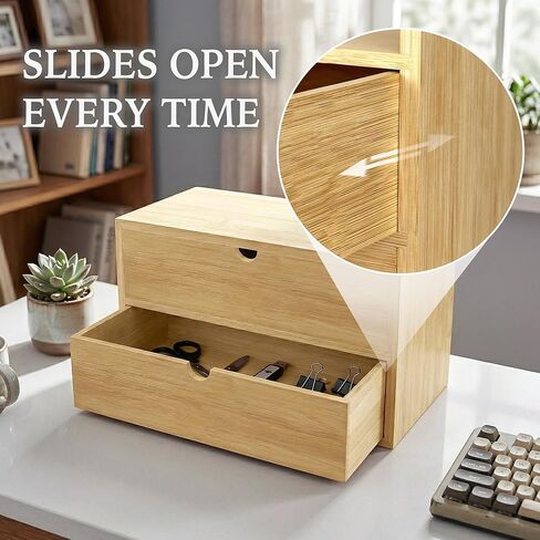 Bamboo Desk Organizer with 2 Drawers, Desktop Drawers Wooden Storage Box 13.4 x 7.1 x 7.5 Inches Countertop Organizer for Office Supplies, Solid Wood Tabletop Drawer No Assembly Required in Kuwait