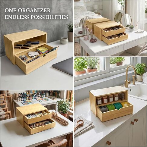 Bamboo Desk Organizer with 2 Drawers, Desktop Drawers Wooden Storage Box 13.4 x 7.1 x 7.5 Inches Countertop Organizer for Office Supplies, Solid Wood Tabletop Drawer No Assembly Required in Kuwait