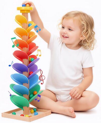 Wooden Rainbow Marble Run Tree, 30pcs Vertical Marble Run Construction Game,Creative Color Sorting Ball Drop Musical Toy,Montessori Learning Stem Gift for Kids Age 3,4,5,6,7,8+ in Saudi Arabia