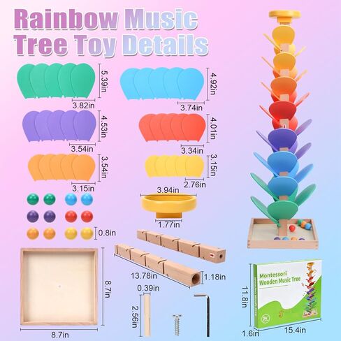 Wooden Rainbow Marble Run Tree, 30pcs Vertical Marble Run Construction Game,Creative Color Sorting Ball Drop Musical Toy,Montessori Learning Stem Gift for Kids Age 3,4,5,6,7,8+ in Saudi Arabia