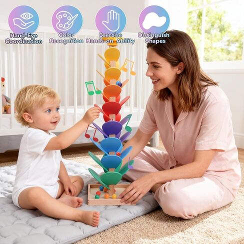 Wooden Rainbow Marble Run Tree, 30pcs Vertical Marble Run Construction Game,Creative Color Sorting Ball Drop Musical Toy,Montessori Learning Stem Gift for Kids Age 3,4,5,6,7,8+ in Saudi Arabia
