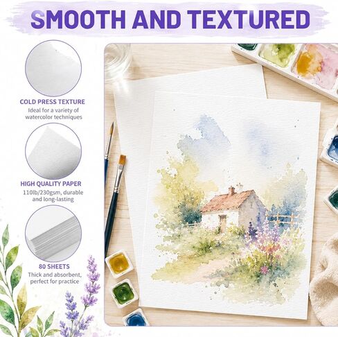 Fyess 80 Sheets Watercolor Paper 8.5x11 Inch, 110lb/230gsm Cold Press Watercolor Paper Bulk, Thick Acid-Free White Art Paper for Watercolor, Acrylic, Gouache, Drawing & Sketching in Saudi Arabia