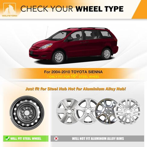 أغطية إطارات WOLFSTORM مقاس 16 بوصة لسيارة Toyota Sienna 2004-2010 عجلات فولاذية، أغطية إطارات سيارة R16 سهلة التركيب مقاس 16 بوصة مجموعة غطاء حافة العجلة مكونة من 4 قطع، طلاء in Kuwait