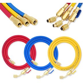 29985 Plus II 1/4" مجموعة خرطوم تبريد HVAC، خراطيم منخفضة الخسارة 60 بوصة مع صمام كروي مدمج، تركيبات مضيئة قياسية 1/4 بوصة، 800 رطل لكل بوصة مربعة، لـ R410A R134A R22 والمبردات الشائعة، أحمر/أصفر/أزرق (3 عبوات) in Kuwait