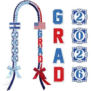 Graduation Ribbon Lei 2026 - American and El Salvadoran Flag Lei Class of 2026, Double Braided Necklace Leis with Grad Letters, High School College Graduation Gifts, Grad Party Supplies in Saudi Arabia