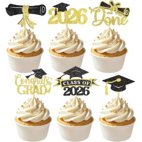 24 Pcs 2026 Graduation Cupcake Toppers 3D Graduation Cake Topper Black and Gold Glitter Cake Picks for Ceremonies Campus Class Reunions Family Celebrations in Kuwait