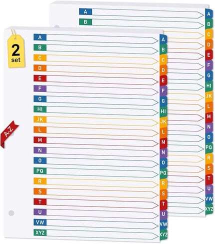 مجموعتان من فواصل الحروف الأبجدية من A-Z لـ 3 مجلدات حلقية، و20 فواصل مجلد مع علامات تبويب - فواصل دفتر ملاحظات ورقية بيضاء مع علامات تبويب متعددة الألوان (8.5 × 11 بوصة) in Kuwait