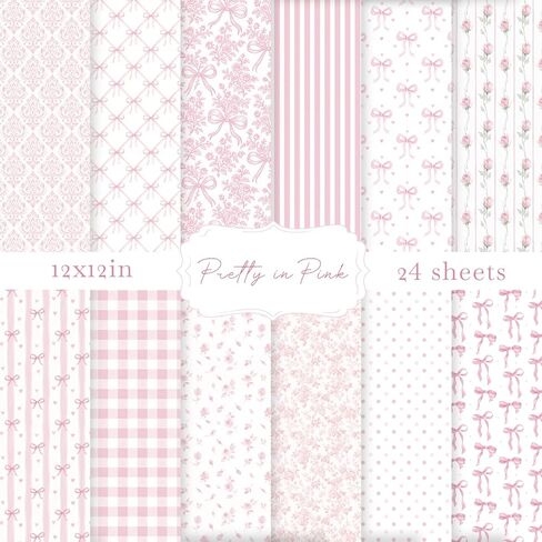 24 Sheets Pink Bow Pattern Paper - 12 x 12In, Double-Sided Scrapbook Specialty Paper Coquette Ribbon and Floral Preppy Pink Decorative Craft for Card Making Photo Album Journal DIY Craft in Saudi Arabia