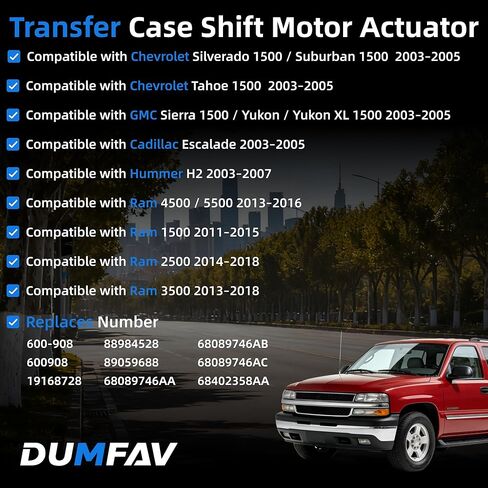 600-908 Transfer Case Motor Fits Chevy Silverado/Suburban/Tahoe 2003–2005, GMC Sierra/Yukon 2003–2005, Escalade 2003–2005, Hummer H2 2003–2007, Ram 1500 2400 3500 4500 5500 2011–2018 Replaces 19168728 in Saudi Arabia