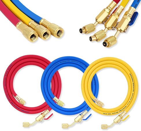 29985 Plus II 1/4" مجموعة خرطوم تبريد HVAC، خراطيم منخفضة الخسارة 60 بوصة مع صمام كروي مدمج، تركيبات مضيئة قياسية 1/4 بوصة، 800 رطل لكل بوصة مربعة، لـ R410A R134A R22 والمبردات الشائعة، أحمر/أصفر/أزرق (3 عبوات) in Kuwait