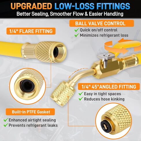 29985 Plus II 1/4" مجموعة خرطوم تبريد HVAC، خراطيم منخفضة الخسارة 60 بوصة مع صمام كروي مدمج، تركيبات مضيئة قياسية 1/4 بوصة، 800 رطل لكل بوصة مربعة، لـ R410A R134A R22 والمبردات الشائعة، أحمر/أصفر/أزرق (3 عبوات) in Kuwait