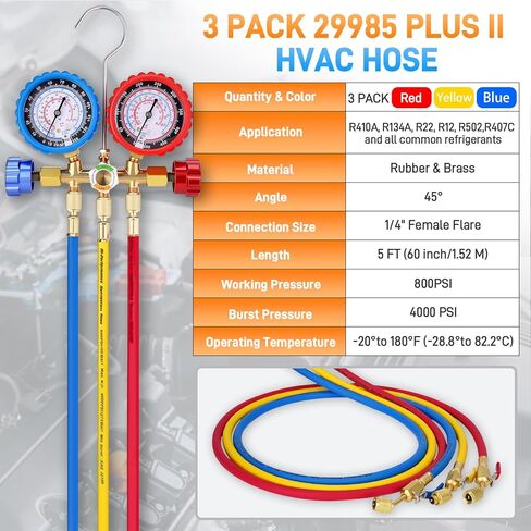 29985 Plus II 1/4" مجموعة خرطوم تبريد HVAC، خراطيم منخفضة الخسارة 60 بوصة مع صمام كروي مدمج، تركيبات مضيئة قياسية 1/4 بوصة، 800 رطل لكل بوصة مربعة، لـ R410A R134A R22 والمبردات الشائعة، أحمر/أصفر/أزرق (3 عبوات) in Kuwait
