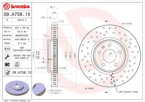 عمود الفرامل الأمامي Brembo 09.A758.1X Xtra المطلي بالأشعة فوق البنفسجية بفتحات تهوية دوار الفرامل الأمامية AUDI/AUDI (FAW) OE # 8K0615301A in Kuwait