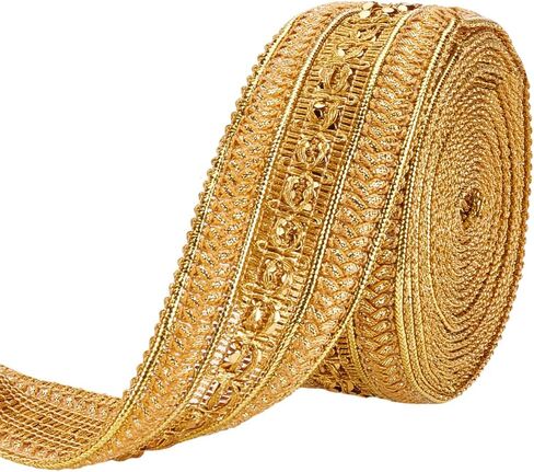 MAYJOYDIY 5 ياردات من قماش الجاكار المعدني الذهبي، 1-5/8 بوصة واسعة جديلة الأعرج الهندية مطرزة على الوجهين مع خيوط ذهبية منسوجة لتوريد الأعمال الستائر، عاكس الضوء، أريكة DIY الخياطة والحرف in Kuwait