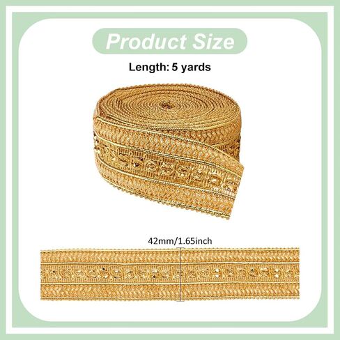 MAYJOYDIY 5 ياردات من قماش الجاكار المعدني الذهبي، 1-5/8 بوصة واسعة جديلة الأعرج الهندية مطرزة على الوجهين مع خيوط ذهبية منسوجة لتوريد الأعمال الستائر، عاكس الضوء، أريكة DIY الخياطة والحرف in Kuwait