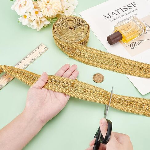 MAYJOYDIY 5 ياردات من قماش الجاكار المعدني الذهبي، 1-5/8 بوصة واسعة جديلة الأعرج الهندية مطرزة على الوجهين مع خيوط ذهبية منسوجة لتوريد الأعمال الستائر، عاكس الضوء، أريكة DIY الخياطة والحرف in Kuwait
