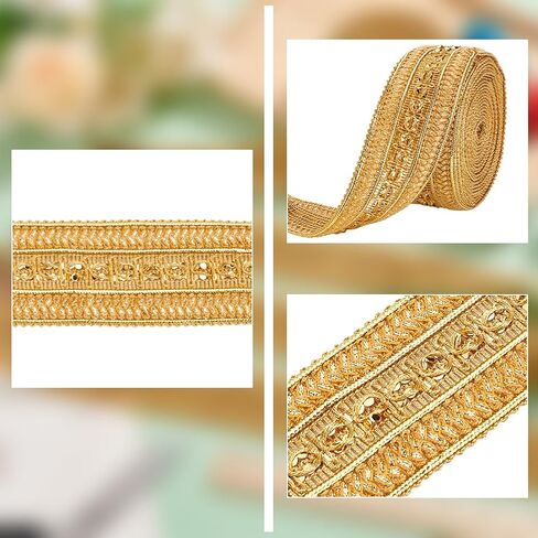 MAYJOYDIY 5 ياردات من قماش الجاكار المعدني الذهبي، 1-5/8 بوصة واسعة جديلة الأعرج الهندية مطرزة على الوجهين مع خيوط ذهبية منسوجة لتوريد الأعمال الستائر، عاكس الضوء، أريكة DIY الخياطة والحرف in Kuwait