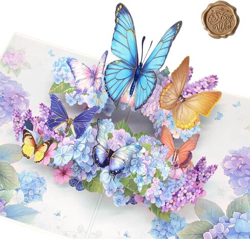 Handmade 3D Pop-Up Butterfly Hydrangea Card, Gold Foil & Endless Summer Design, All-Occasion Card for Wife, Husband, Mom, Dad & Friends (Birthday, Anniversary, Congrats, Thank You, Get Well Soon), Envelope Included in Saudi Arabia