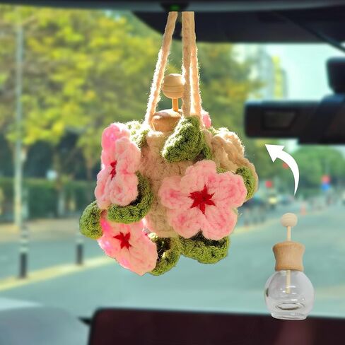 Crochet Car Air Freshener Cherry Blossom Accessories - 12ml Empty Refillable Oil Diffuser Bottle, Crochet Hanging Plant Car Decor Mirror Accessories For Women and Men in Saudi Arabia