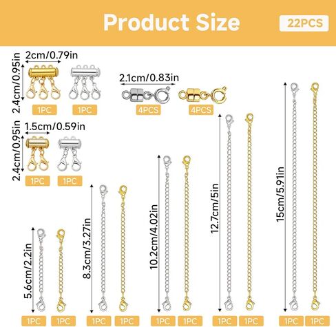 22 Premium Necklace Clasp and Extender Set - Adjustable Chain Extensions with Secure Lobster Clasps for Necklaces, Bracelets & Jewelry Making - Multi-Size Accessories for Layering in Saudi Arabia