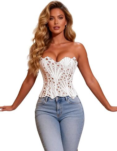 ohmydear Floral Corset Tops for Women Sexy Bones Printing Hollow Bustier Tops Overbust Lace-up Corset Top for Going Out in Saudi Arabia