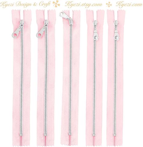 10 Pcs Black Tape Silver Metal Gauge #3 Fancy Donut Pull Zippers Close End Zippers Bulk for Sewing Crafts Bags Purse [Kyezi Design & Craft] (Light Pink, 8 inches) in Saudi Arabia