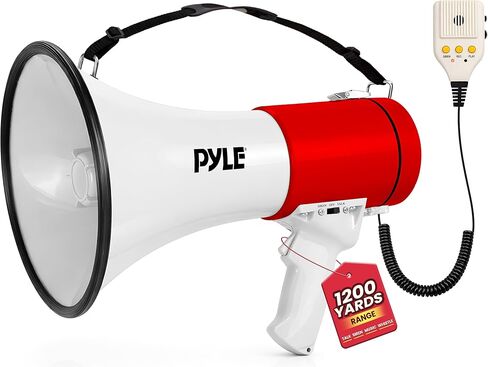 Pyle 50W Megaphone Bullhorn - صفارة إنذار أوتوماتيكية محمولة وحجم قابل للتعديل، نطاق عرض يصل إلى 1200 ياردة مربعة، مدخل Aux، حديث، صفارة إنذار، موسيقى، صفارة، تسجيل، حزام كتف (أبيض-أحمر) in Saudi Arabia