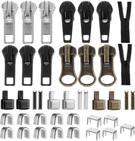 41 Pcs Zipper Repair Kit Black Separating Jacket Zippers Universal Replacement Slider Kit Metal Zippers Retainer Box Top Stop Bottom Replacement Zipper Fix Repair Tool for Jacket Coat Boot Backpack in Kuwait