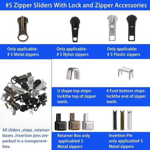 41 Pcs Zipper Repair Kit Black Separating Jacket Zippers Universal Replacement Slider Kit Metal Zippers Retainer Box Top Stop Bottom Replacement Zipper Fix Repair Tool for Jacket Coat Boot Backpack in Kuwait