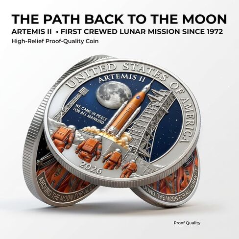 Artemis II Lunar Mission Commemorative Coin 2026, Space Exploration Challenge Coin with Silver Plated Finish, Collector Coins for Astronomy Lovers in Saudi Arabia