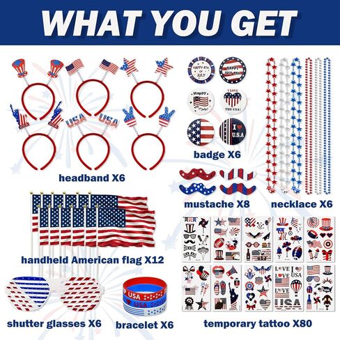 136PCS 4th of July Accessories - Patriotic Party Pavors Memorial Independence Day Supplies USA Themed Decorations American Parade Red White Blue Fun Stuff Activities Goodie Bags Gifts Bulk in Kuwait