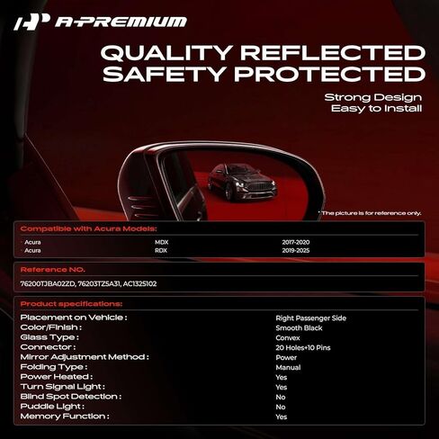 مرآة باب كهربائية جانبية للركاب من A-Premium - متوافقة مع Acura MDX 2017-2020، RDX 2019-2025 - مرآة رؤية خلفية خارجية ساخنة قابلة للطي باللون الأسود مع ضوء إشارة الانعطاف in Kuwait