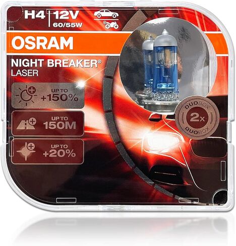 H4 9003 DOT Night Breaker مصابيح هالوجين ليزر أمامية 64193NL-HCB شعاع منخفض شعاع عالي 12 فولت 60/55 واط 3200 كيلو P43t | عبوة من 2 in Kuwait