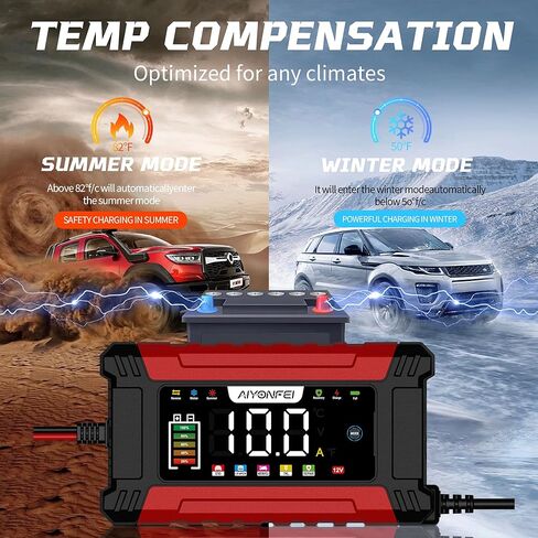 10A Car Battery Charger 12V Trickle Charger, LiFePO4 Battery Maintainer Smart Battery Charger and Battery Desulfator with Temperature Compensation, LED Touchscreen (Red) in Saudi Arabia