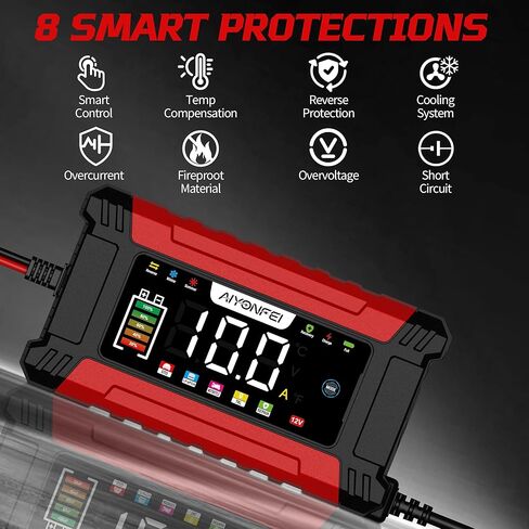 10A Car Battery Charger 12V Trickle Charger, LiFePO4 Battery Maintainer Smart Battery Charger and Battery Desulfator with Temperature Compensation, LED Touchscreen (Red) in Saudi Arabia