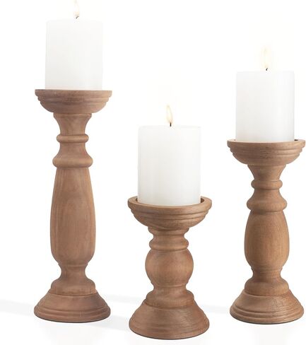 Rustic Wooden Pillar Candle Holders Set of 3, 12'' 9'' 6'' Farmhouse Wood Candle Stand for Table Centerpieces, Vintage Tall Candleholders Fireplace Mantel Decor for Living Room, Grey in Saudi Arabia