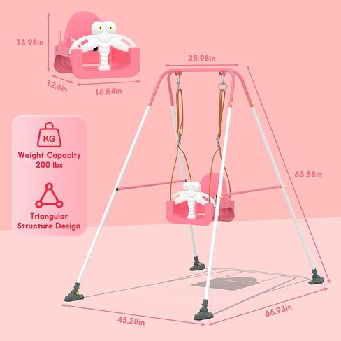 Toddler Swing Set with Metal Stand, 3-in-1 Baby & Kids Swing Seat for Indoor Outdoor Play, Safety Harness, Freestanding Swing for Nursery, Backyard or Playroom, Pink & White in Saudi Arabia