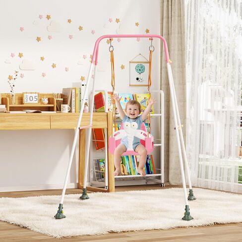Toddler Swing Set with Metal Stand, 3-in-1 Baby & Kids Swing Seat for Indoor Outdoor Play, Safety Harness, Freestanding Swing for Nursery, Backyard or Playroom, Pink & White in Saudi Arabia