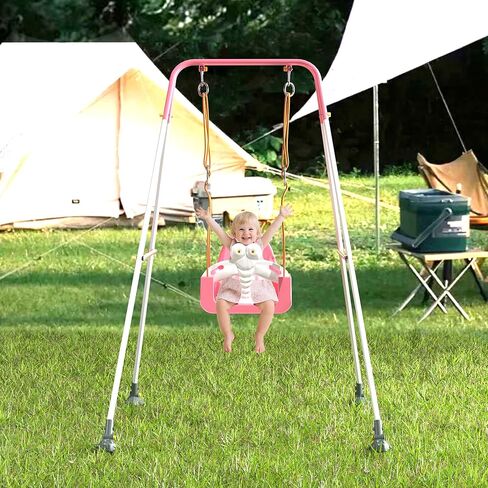 Toddler Swing Set with Metal Stand, 3-in-1 Baby & Kids Swing Seat for Indoor Outdoor Play, Safety Harness, Freestanding Swing for Nursery, Backyard or Playroom, Pink & White in Saudi Arabia