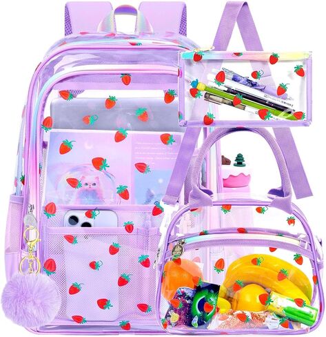 gxtvo 3PCS Clear Bookbag Heavy-Duty Set for Women & Teen Girls, 17" Purple Transparent Backpack with Rainbow Strap, Cute Love See Through School Bag in Saudi Arabia