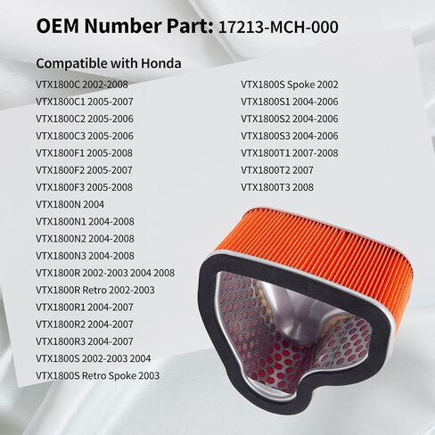 فلتر هواء متوافق مع Honda VTX1800C1 VTX1800C2 VTX1800C3 VTX1800F1 F2 F3 VTX1800N1 N2 N3 VTX1800 R1-R3 VTX1800 S1-S3 VTX1800T1-T3 VTX 1800 C/N/R/S Retro Spoke 2002-2008,#17213-MCH-000 in Kuwait